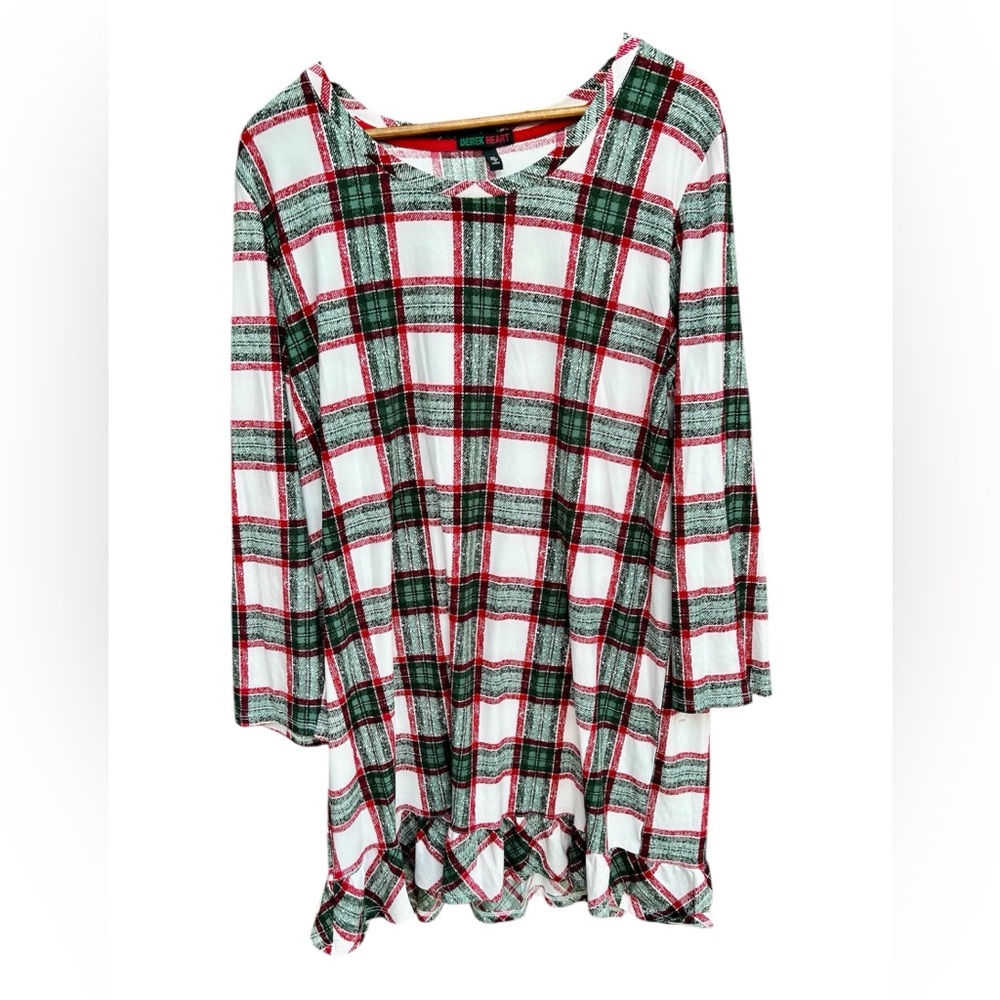 Derek Heart Nightgown Notch Plaid Pajama Sleep Shirt Red Green White
